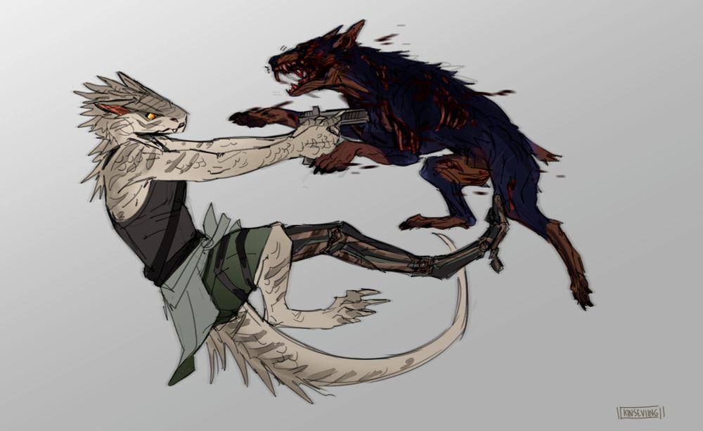 An anthropomorphic lizard with feathers and mamalian ears, pale scales, a mechanic prosthetic leg and orange eyes locked in battle with a zombie doberman, holding a gun to its chest.