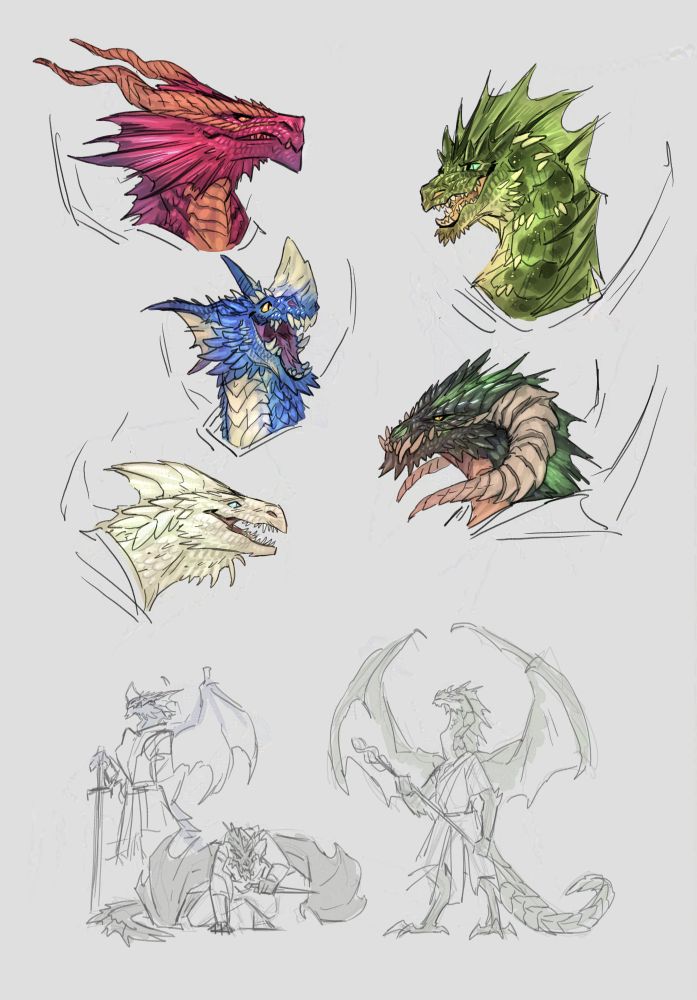 Noble draconian (chromatic) dnd busts and a blue, black and green fullbody sketch one)