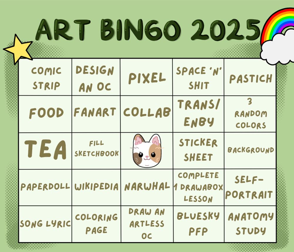 A light green bingo board with art prompts. 