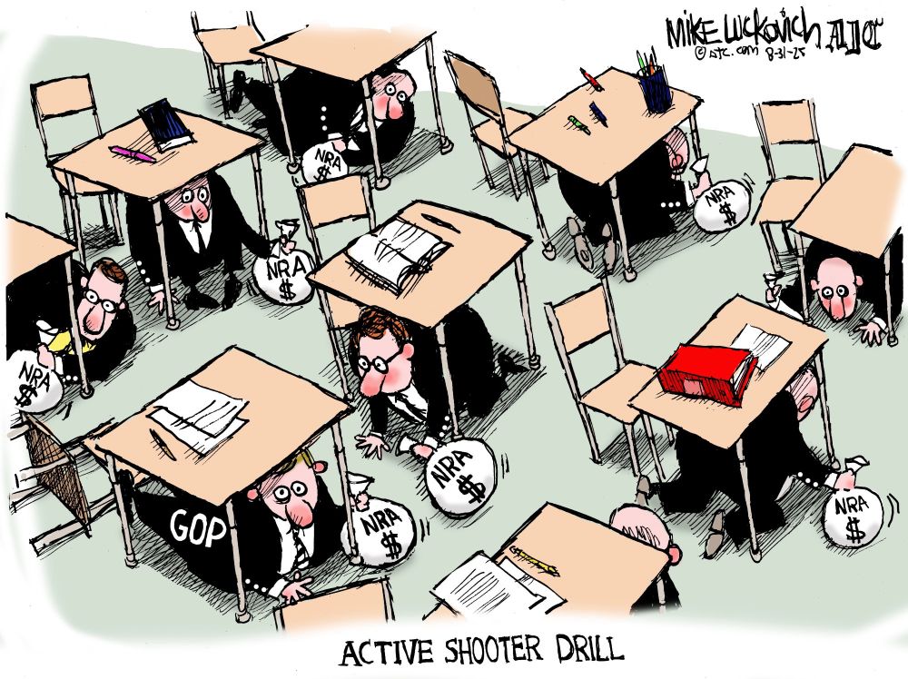 Greedy chickenshits from gop and nra hiding under school desks- more worried about money than lives.