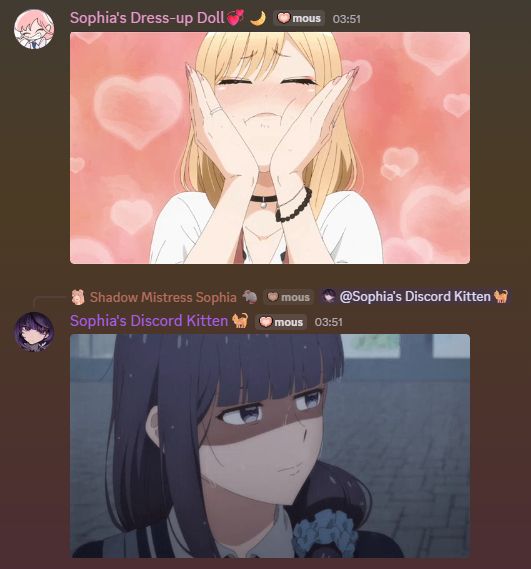A Discord screenshot in which "Sophia's Dress-up Doll" posts a blushy GIF, and "Sophia's Discord Kitten" posts a scornful GIF.