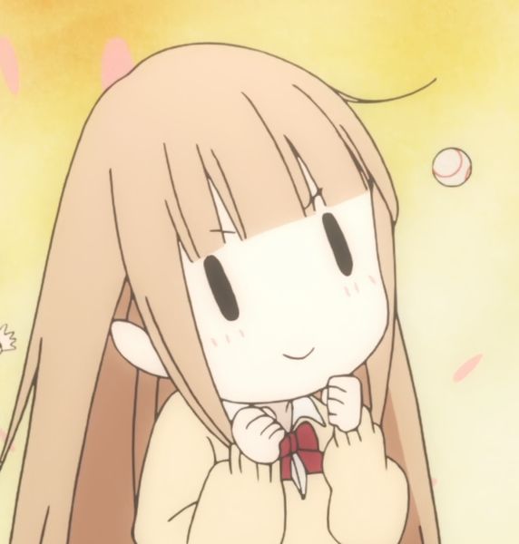 A light brown haired girl with straight bangs looking.... I guess like a goober. how the fuck do I even describe it she's like an excited goober (Source: Tanaka-Kun is Always Listless)