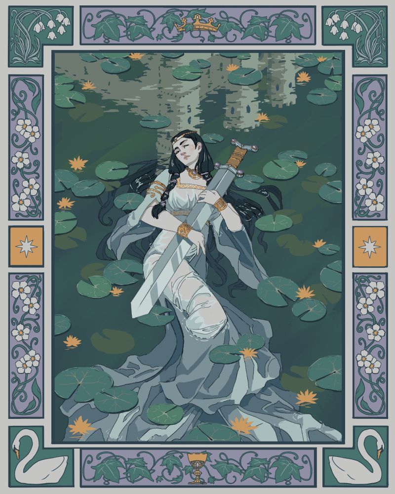 A digital illustration of the lady of the lake from the King Arthur mythos lies half submerged in water, cradling a sword. Her black hair and white dress billow out from her. Above her, Camelot is reflected in the water. The image has lilac and green border decorated with swans and various flora