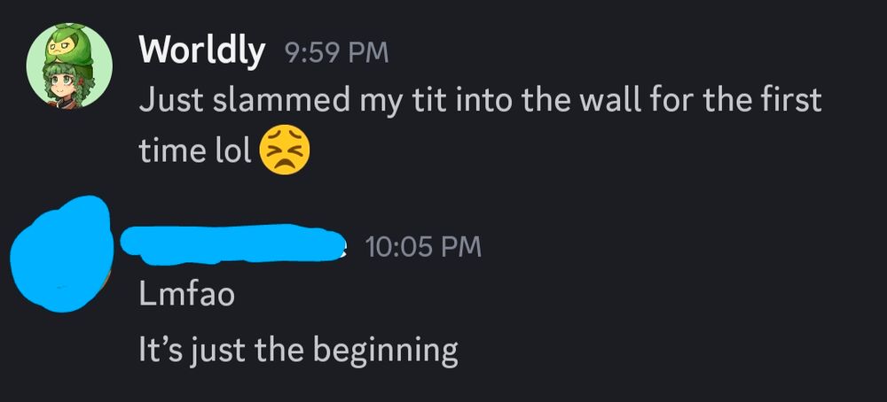 Me: just slammed my tit into the wall for the first time lol😣
Friend: lmfao it's just the beginning