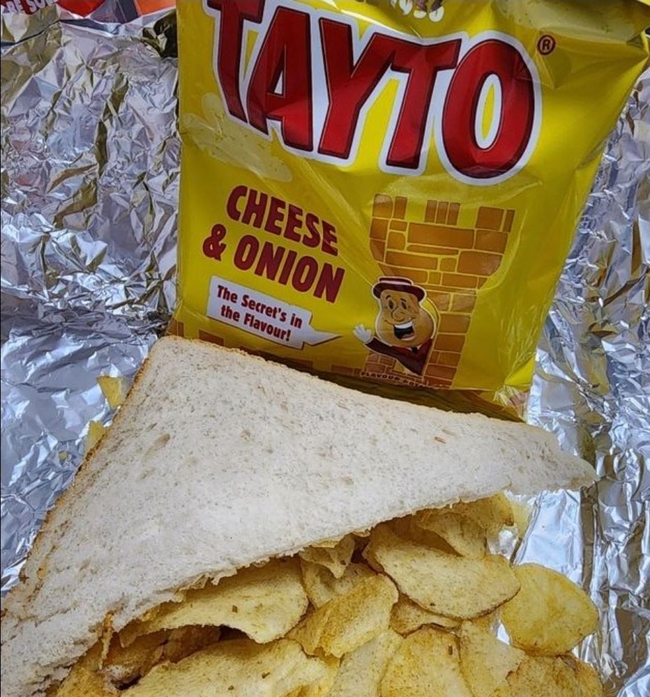 Tayto cheese and onion crisps and sandwich.