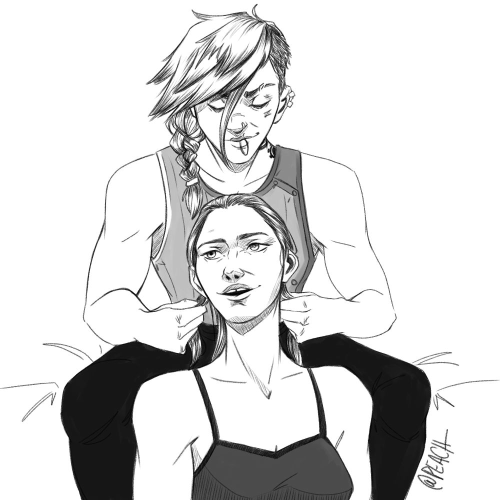 Doodle in black and white of Vi Arcane, sitting at the edge of the bed, faint smile on her face while she braids Caitlyn's hair, who's sitting at Vi's feet, chatting up a storm and letting her lover take care of her.
