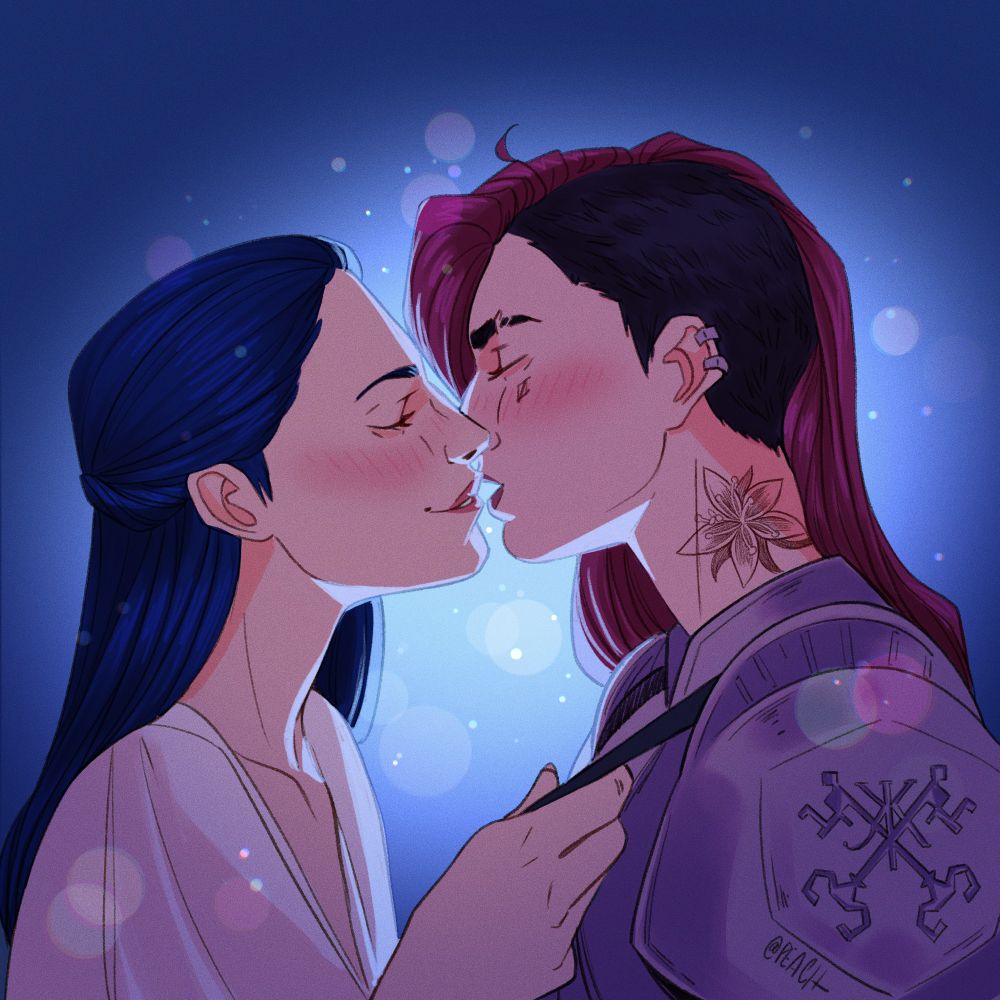 Caitlyn and Vi from Arcane, inspired by Luna Monroe’s Heavy is the Crown Knight/Princess Alternate Universe fic. They lean close lighting is blue and ethereal, almost magical.

They lean close in an almost kiss, lips brushing, eyes closed. Caitlyn smiles softly, her hand pulling on the strap of Vi’s sword. Her hair is long and pulled back on a simple yet neat half up ‘do. Vi is dressed in her armor, Kiramman crest stamped on the shoulder pauldron. Instead of her canon gear tattoo, she has a Silent Princess inked on the side of her neck.