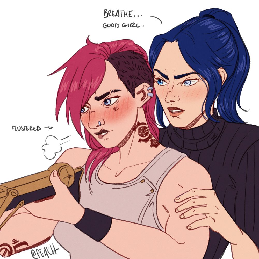 Vi from Arcane, holding Caitlyn’s hextech rifle, pressed onto her shoulder ready to shoot. She’s flustered, bottom lip caught under her teeth and cheeks red, as Caitlyn stands behind her, instructing Vi to breath as she strokes her upper arm. Vi releases a breath to which she gets rewarded with a “Good girl.”