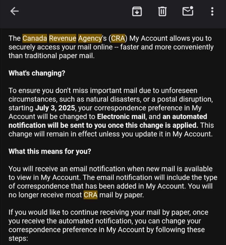 Screenshot of an email. It states I'm being switched to online mail instead of paper mail.