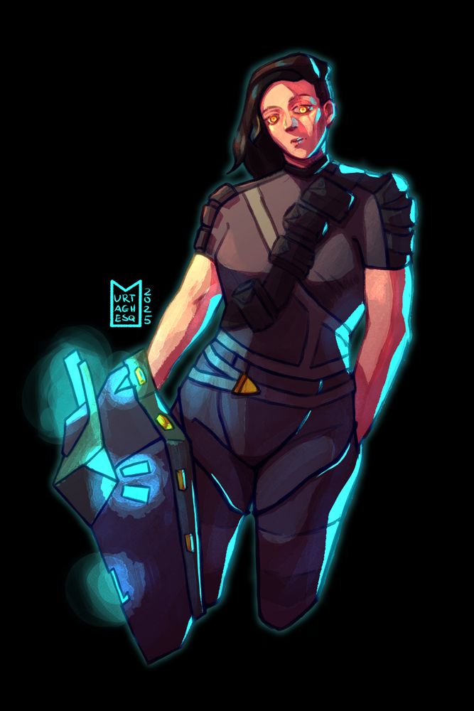 digital illustration of a hench butch white woman. She wears dark clothes, leaning against an invisible wall. She casually holds a large shield that glows blue