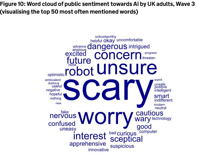 Word cloud of public sentiment towards AI by UK adults from a study taken in 12 Feb, 2024 (visualising the top 50 most often mentioned words).

The most prominent word that dominates the centre of the image is scary, followed by worry, unsure, concern, robot, dangerous, and future. Negative sentiments far outweigh the few positive ones.