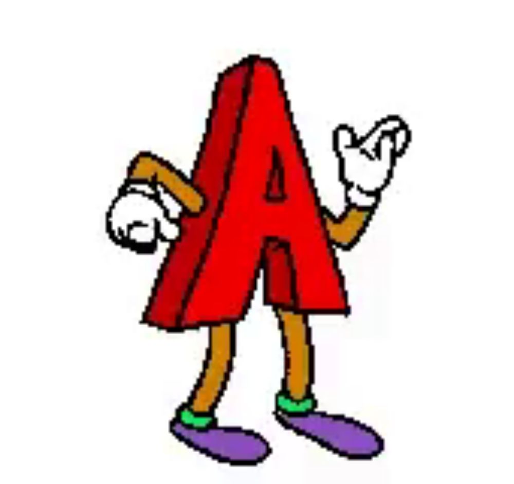 a cartoon drawing of a red letter a with arms and legs .