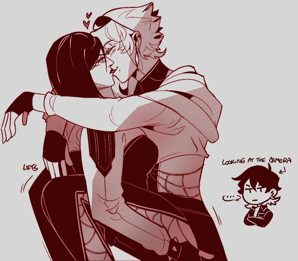 a doodle of my OCs, rebel and evelyn, in an embrace. rebel lifting up evelyn as the latter wraps around her and kisses her. rebel's brother recoil, who is owned by @/teeri, is in chibi form with text above him that says, "looking at the camera".