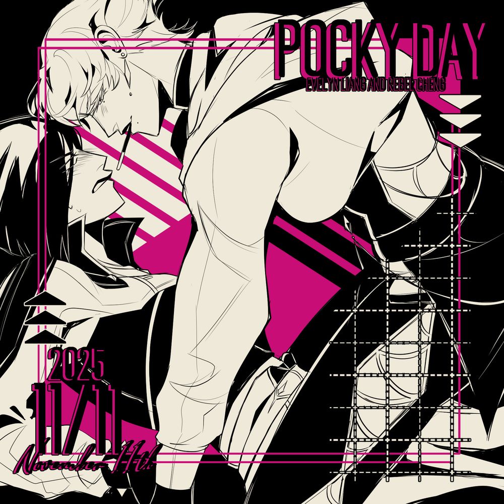 an illustration of OP's OCs, Rebel and Evelyn, about to share a pocky for pocky day 2025