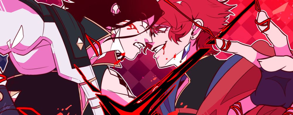 Digital illustration of idiciart OCs, Rebel and Evelyn, facing off against each other for a sparring match. They are facing each other in a side profile, their expression both intense as they fight.