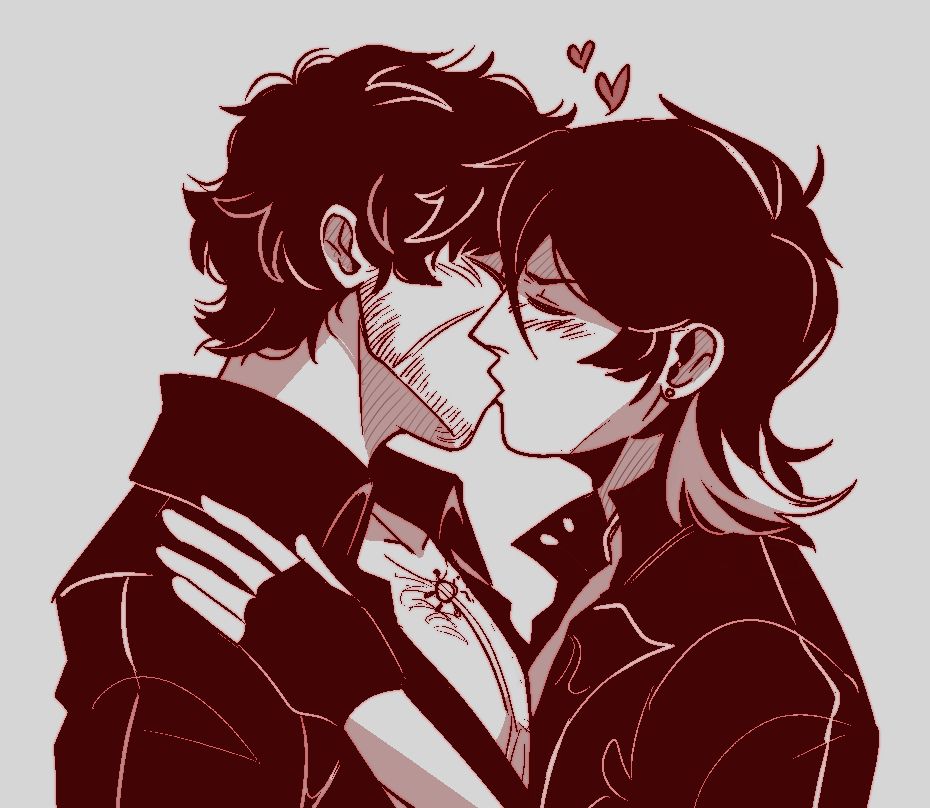 @/teeri's ocs brodie and recoil kissing each other gently