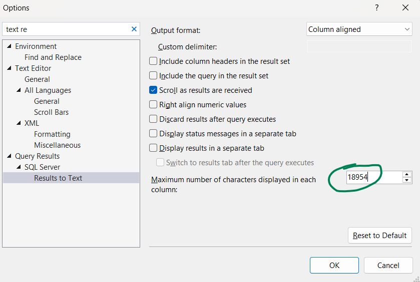 SSMS results text