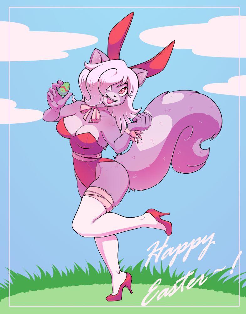 A lilac-furred skunk girl named Penelope with long pink hair that falls over her right eye, wearing a bright red bunnysuit with matching heels and ears, white stockings coming up to her middle thighs. She has a joyful expression on her face, as she lifts a leg to make a cute, energetic pose while looking towards the viewer, holding a green Easter egg. The background is a simple bright blue sky with clouds, as she stands in the middle of a grassland. The lower-right corner wishes you a Happy Easter!
