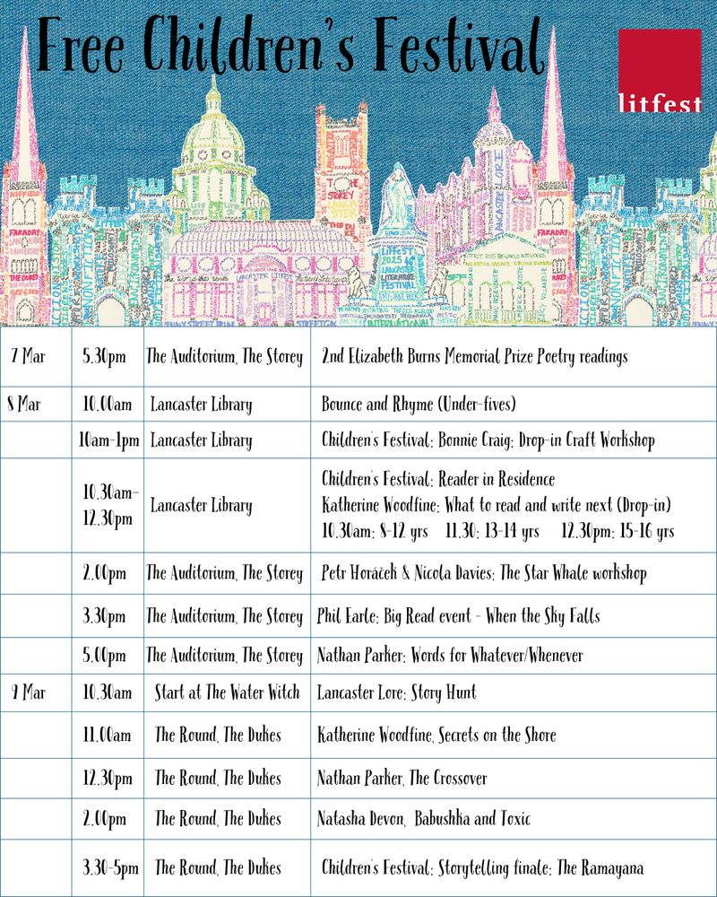 At the top, black text "Free Children's Festival" with the red Litfest logo against a background of the Litfest 2025 cover design. A blue fabric background with a skyline made up of notable Lancastrian buildings created from words. Below, in a table, the Children's programme.
