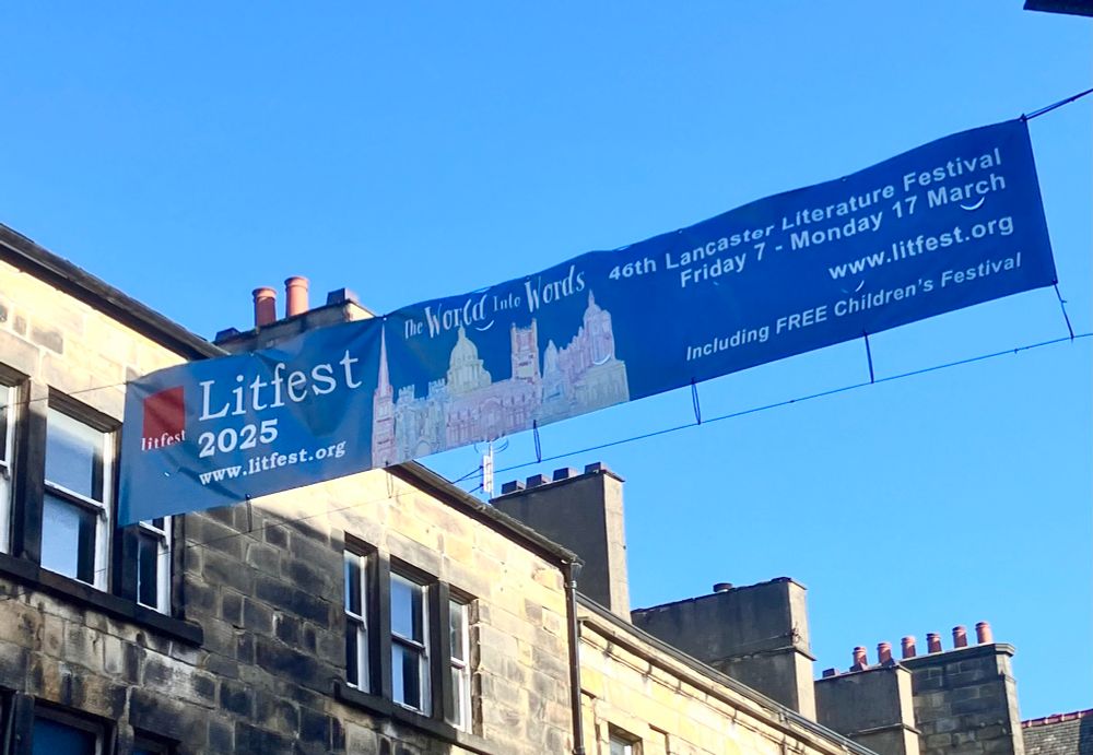 The Litfest 2025 banner in the centre of Lancaster 