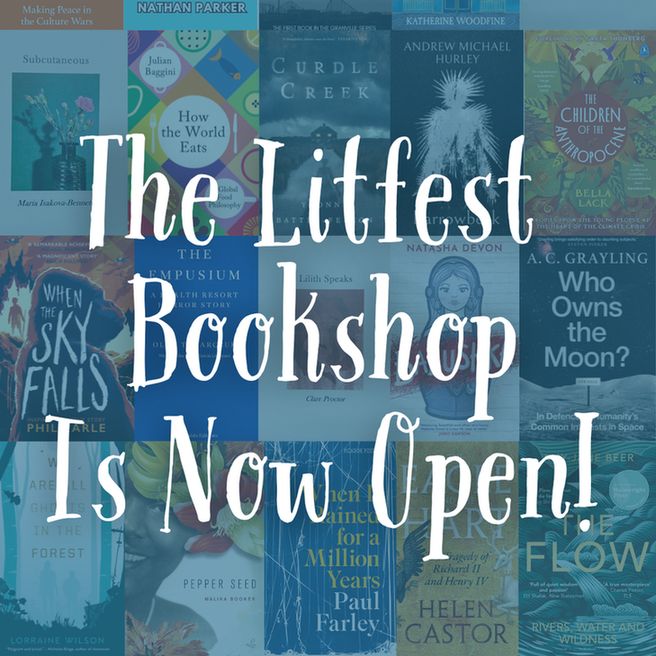 White text against a tiled background of book covers with a transparent blue overlay "The Litfest Bookshop is Now Open!"