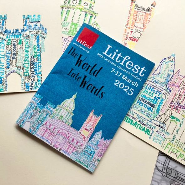 Against a background with elements of the Litfesst cover design, a flatlaid copy of the Litfest 2025 programme.