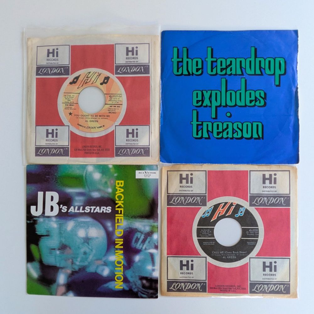 7" singles 
Al Green - You Ought to Be With Me (US promo in Hi company sleeve)
Teardrop Explodes - Treason (Blue pic sleeve version)
Al Green - Call Me (US in Hi company sleeve)
JB's allstars - Backfield in Motion (pic sleeve with a blurry American football photo)