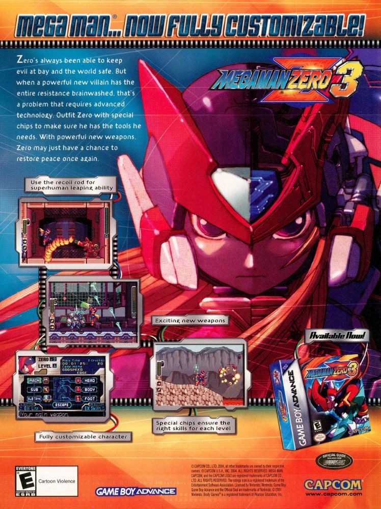 A magazine ad for Mega Man Zero 3. The ad shows Zero staring straight ahead at the reader. There are four screenshots from the game in the lower left. Text above Zero's head reads Mega Man... Now fully customizable!