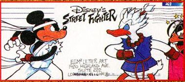Fan art on an envelope of Mickey Mouse dressed as Ryu and Donald Duck dressed as Akuma. In between them is a logo for Disney's Street Fighter.