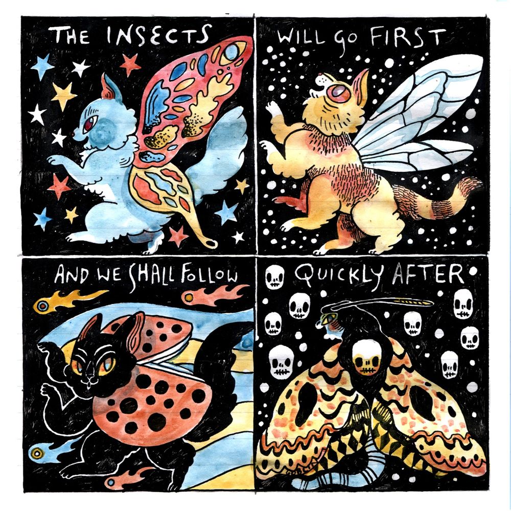 Four panel comic. 
Panel 1: A cat with butterfly wings against a starry background. TEXT: The insects...
Panel 2: A cat with be stripes and wings against a spotty background. TEXT: Will go first...
Panel 3: A cat with ladybird wings against a comet background. TEXT: And we shall follow...
Panel 4: A cat with Deaths Head moth wings against a skull backdrop. 
TEXT: Quickly after. 