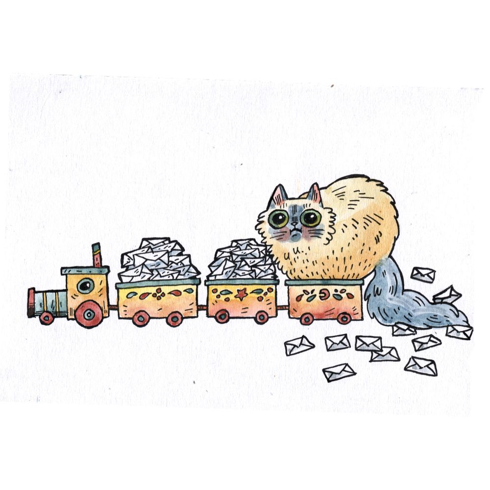 Watercolour and pen illustration. A toy train with three cars. Two of the cars are full of letters. The last has a big fluffy cat (blue point ragdoll) sitting in it and surrounded by letters discarded on the ground. 