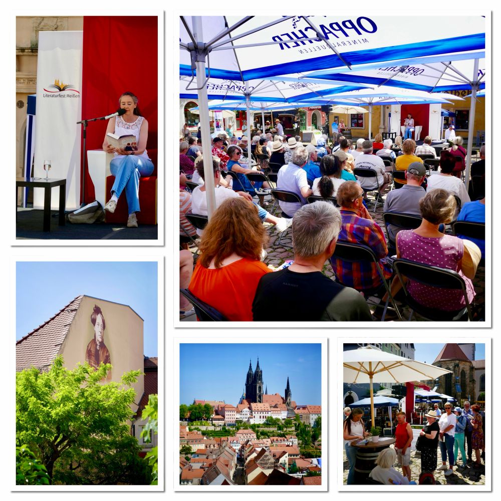 Bildermix: Tanja Kinkel beim Vorlesen aus der Nähe und aus der Ferne mit den Zuhörern auf dem Marktplatz von Meißen, Louise Ottos Geburtshaus mit ihrem Altersporträt darauf, Blick über Meißen vom Turm der Frauenkirche, Tanja Kinkel mit Leserinnen beim Signieren. 
