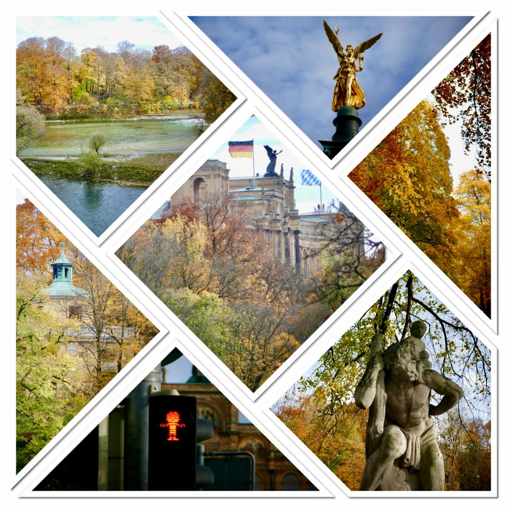 Fotomix: Friedensengel, Maximilianeum, Christopherus-Statue, Ampel mit rotem Pumuckl, Isar, alles mit Bäumen im gelbrotem Herbstlaub. 