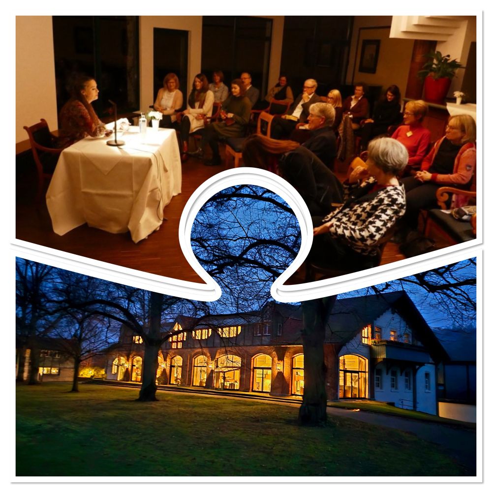 Hotel Hohenhaus am Abend, hell erleuchtet (Zentralgebäude); Tanja Kinkel und Zuhörerinnen im Salon. 