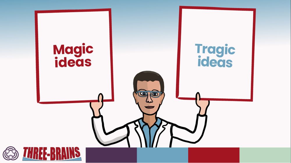 Logical Lou character holding up 2 signs - one says "magic ideas", the other says "tragic ideas"