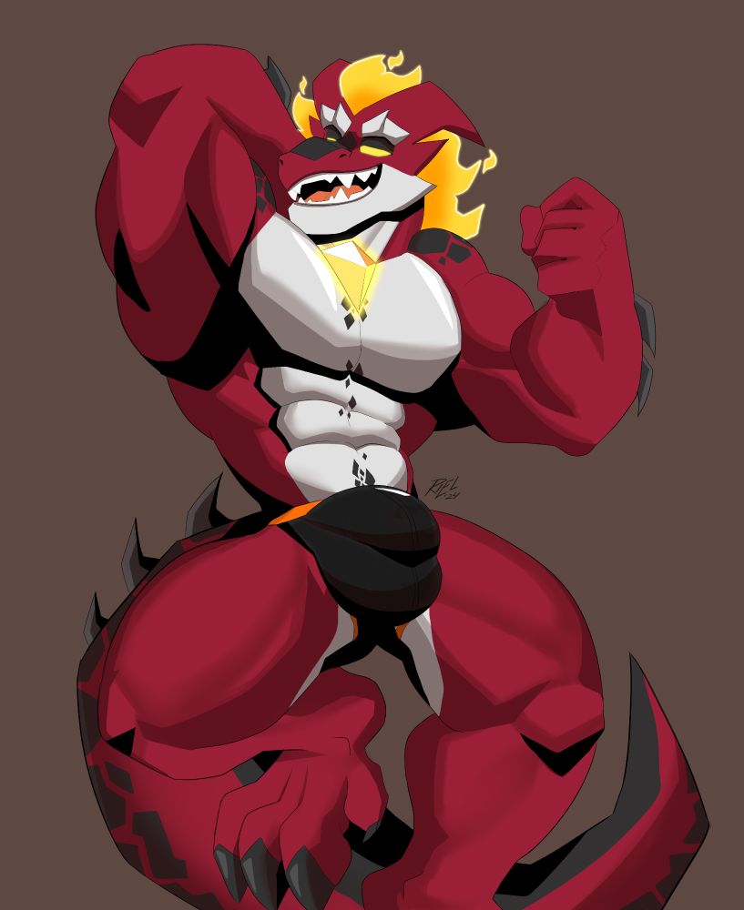 Muscular red draconic demon flexing with a confident look.