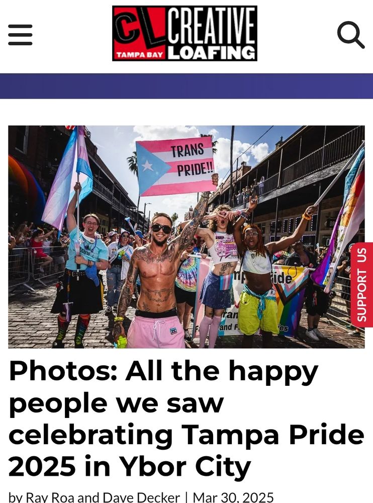 Screenshot of article from Creative Loafing Tampa. "Photos: All the happy people we sae celebrating Tampa Pride 2025 in Ybor City". Photo of the trans marching unit.