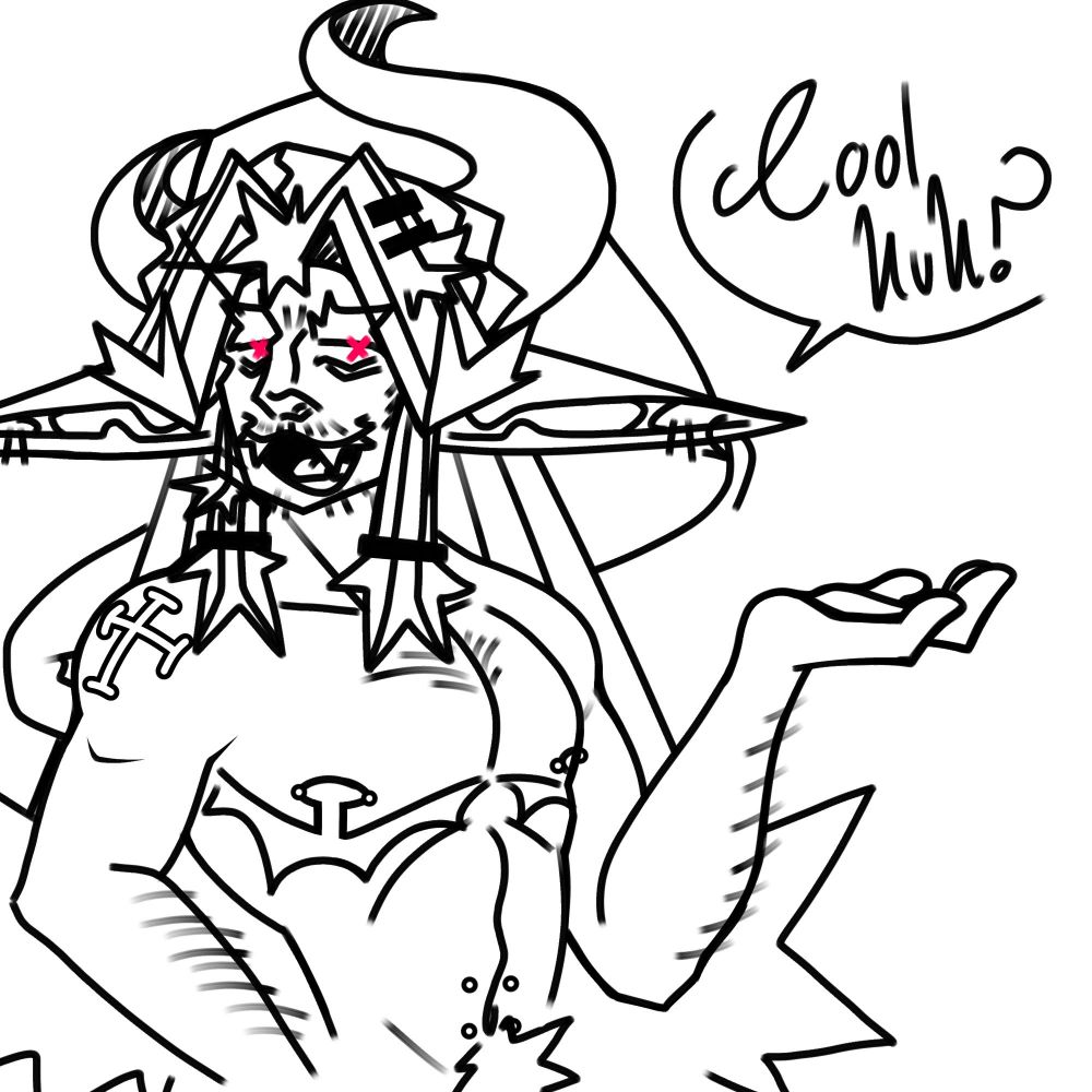 A small doodle of the new design of my character Iris, who is showcasing his top scars to the viewer, cuz trans people rock