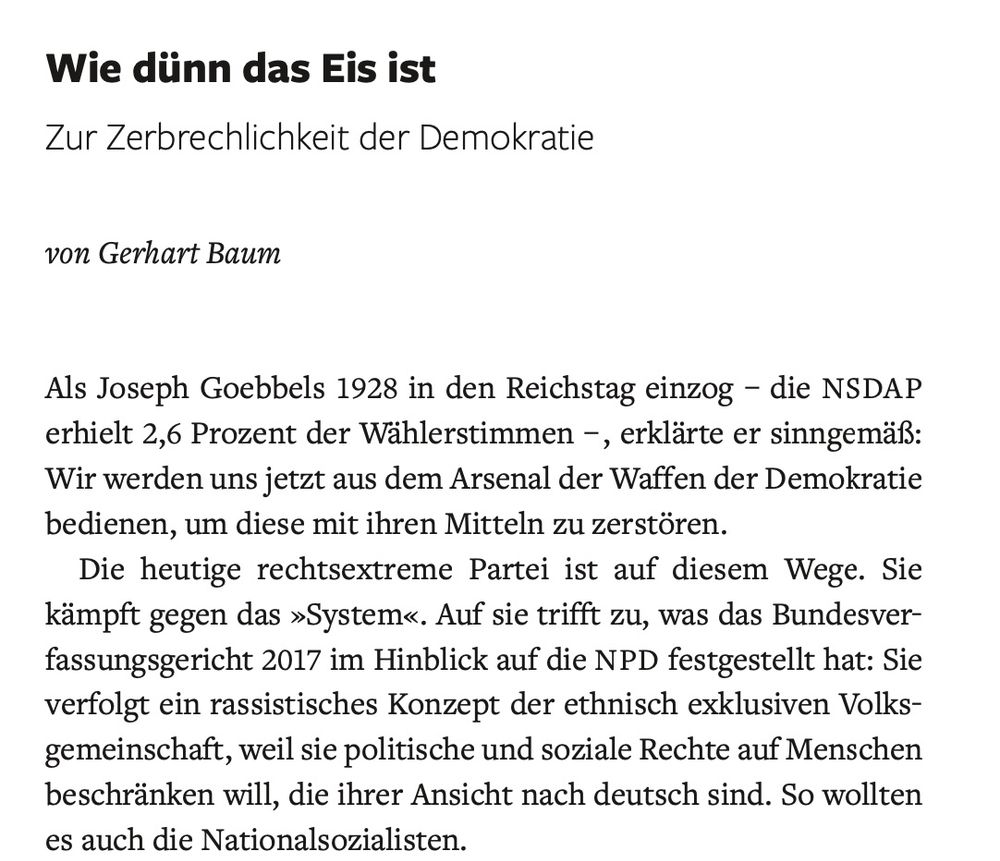 Das Bild zeigt einen Ausschnitt aus dem Vorwort von Gerhart Baum für den Report Rechjt gegen Rechts 2020. "Wie dünn das Eis ist: Zur Zerbrechlichkeit der Demokratie" von Gerhart Baum