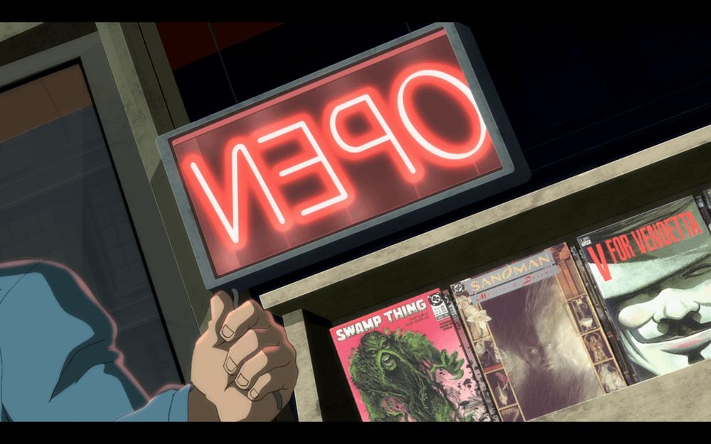 In The Dark Knight Returns (2013), notable DC/Vertigo comics like Watchmen, Sandman, V For Vendetta, and Swamp Thing can be seen in the store Gordon goes into