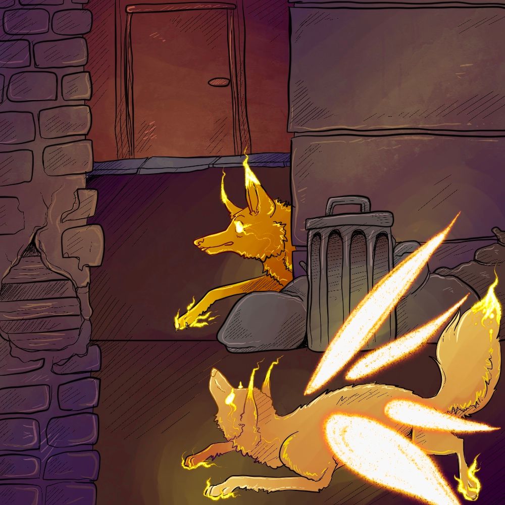 A digital drawing of two fairy foxes with glowing wings, eyes, paws, and tail. They are in a cityscape playing together. One is hiding in an alley and the other is searching. Both are orange.