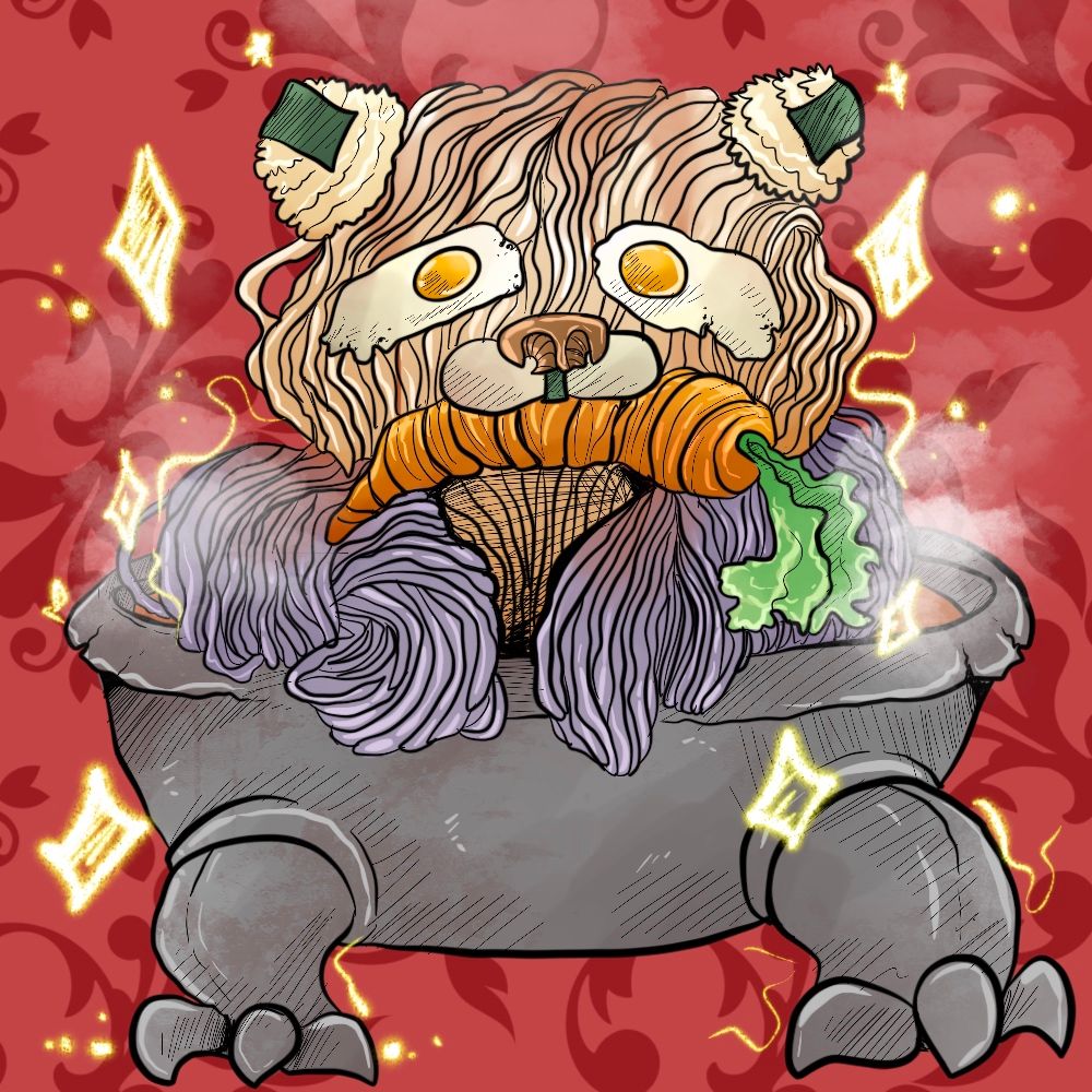 A digital doodle of a panda bear crafted from ramen noodles, his eyes are sunny side up eggs, he’s holding a carrot in his mouth. His ears are onigiri, his nose is a mushroom. The kettle pot he is in has legs and is surrounded by steam and sparkle magic.