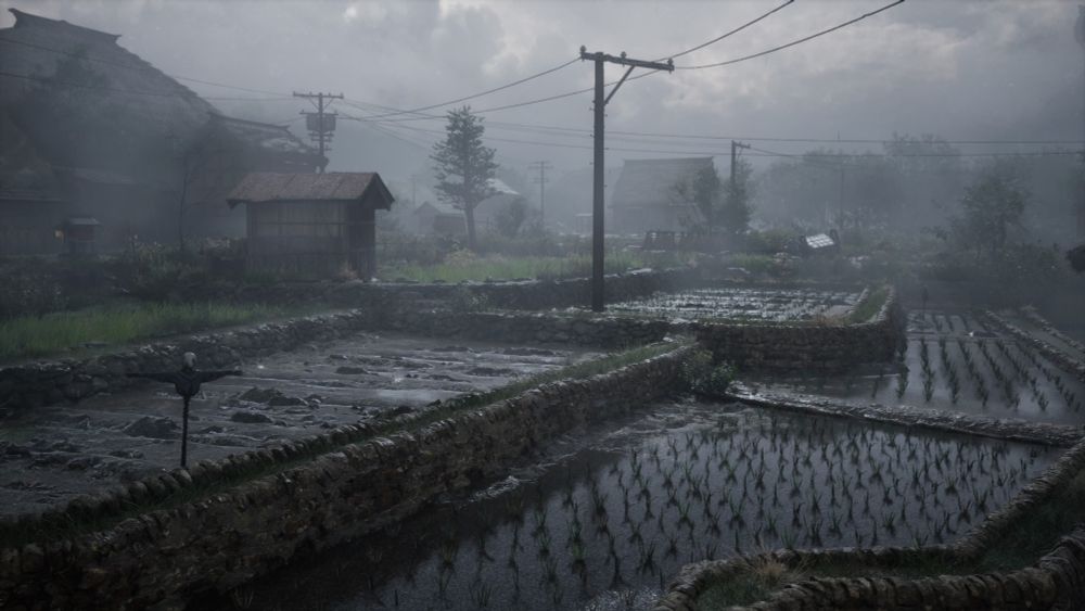 A PS5 screenshot of the rice fields of Ebisugaoka in Silent Hill f. There is a scarecrow, but no people in the picture. It's foggy.