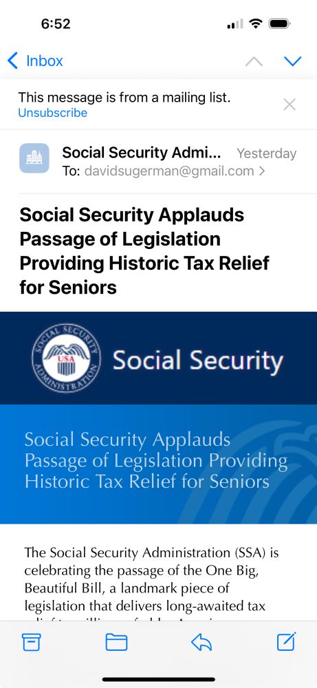 Screen shot of an email from the Social Security Administration lauding passage of the Trump death bill. 