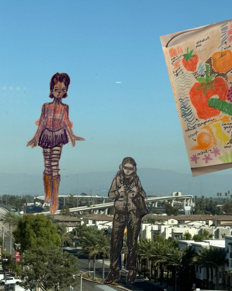 collage with photo of LA county highways with sketches of girls and fruit overlayed