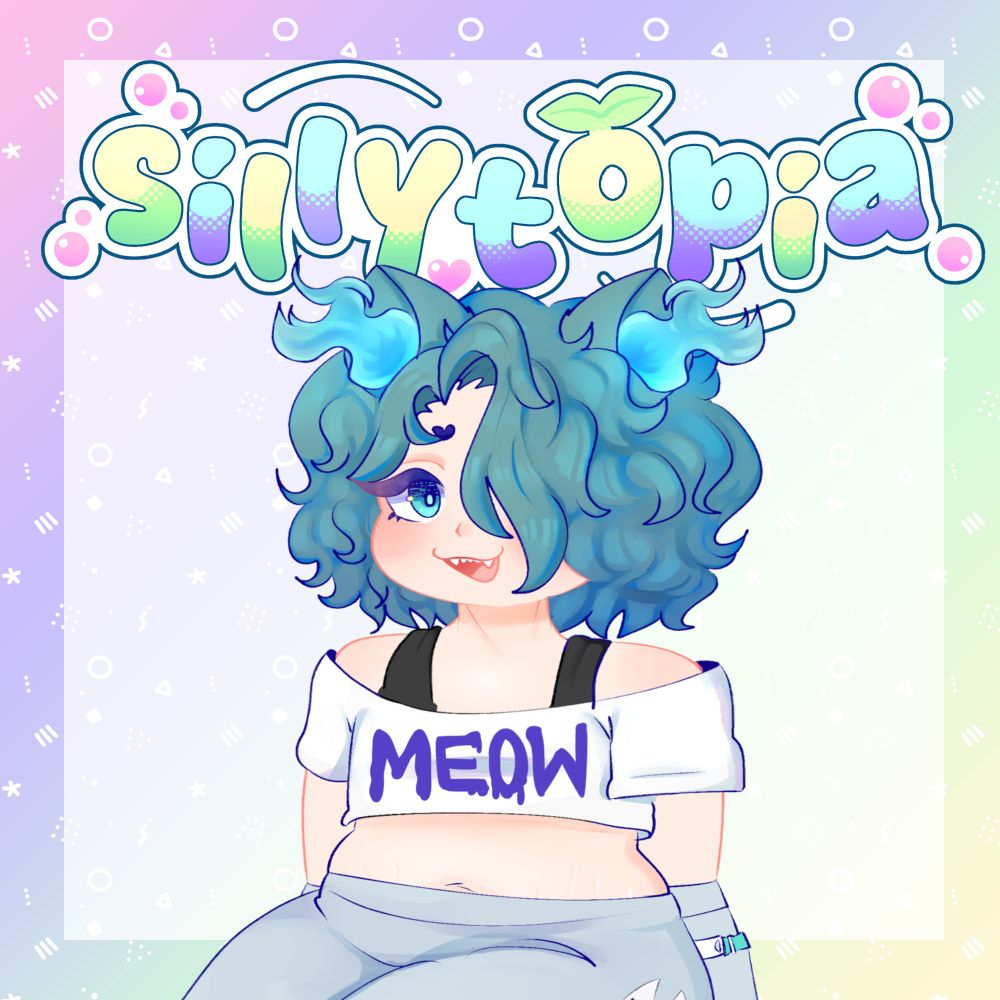 Chubby cat boy with curly teal hair and flaming ears sat under a Sillytopia logo in pastel colours and bubble text