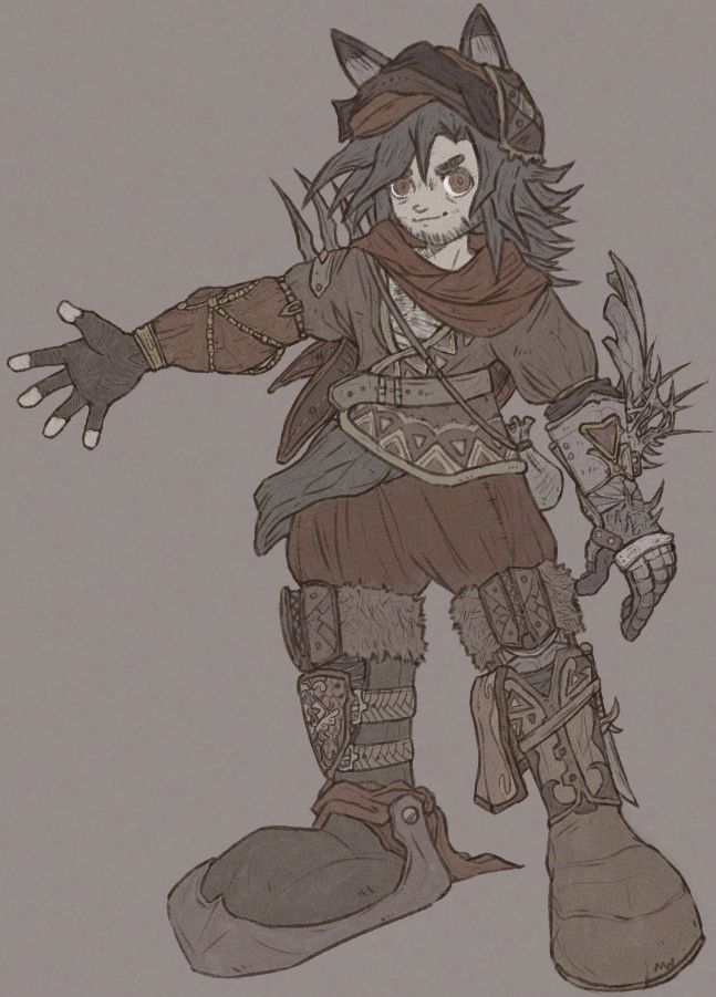 (Drawn February 2024) A full-body profile of older Kamots. This version of him wears a light brown overshirt with triangular patterns and baggy red pants. His right arm sports a sleeve adorned with gold chains and spikes, while his left is equipped with a gauntlet covered in iron protrusions and carrying his amulet. His right boot bears an  ornate shield over the shaft, and the sole is covered with a large metal bearing. A dagger is strapped to his left boot, which has cloth hanging over the side.