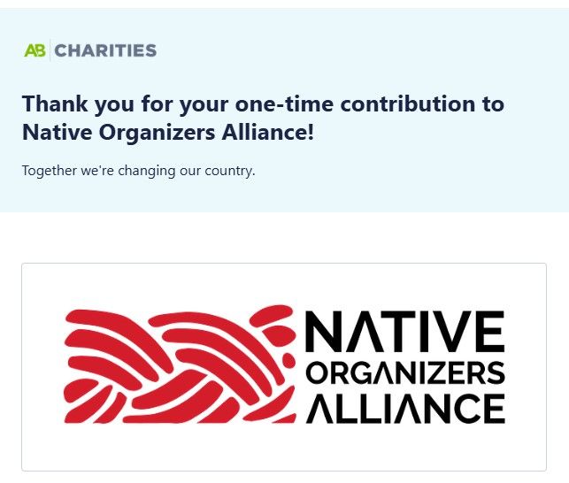 a screenshot of a donation confirmation for Native Organizers Alliance