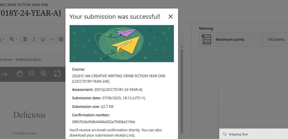 Uni creative writing submission confirmation 