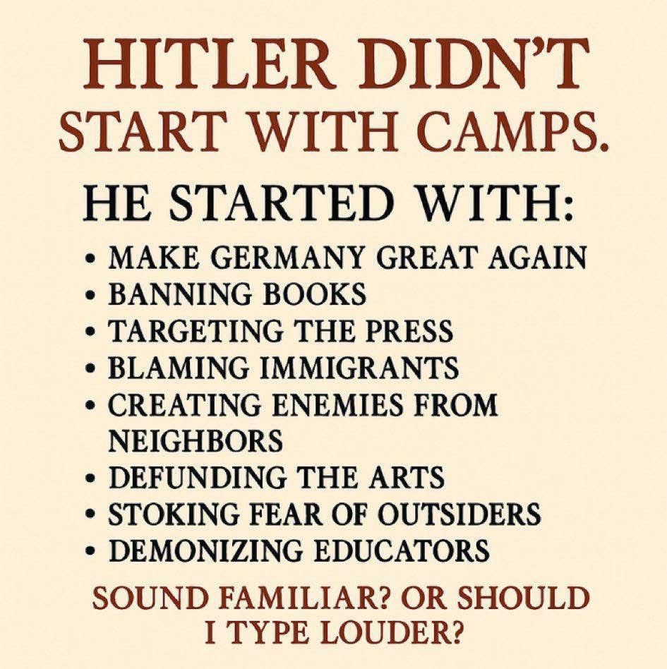 Titled ”Hitler didn’t start with camps”, the picture lists favorite hobbies of current far right political parties